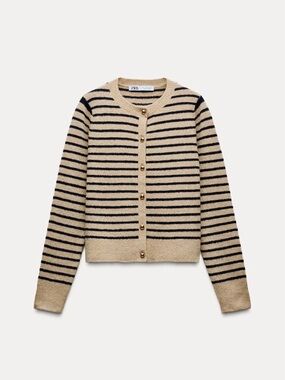 Zara Tan and Black Striped Button-Up Cardigan